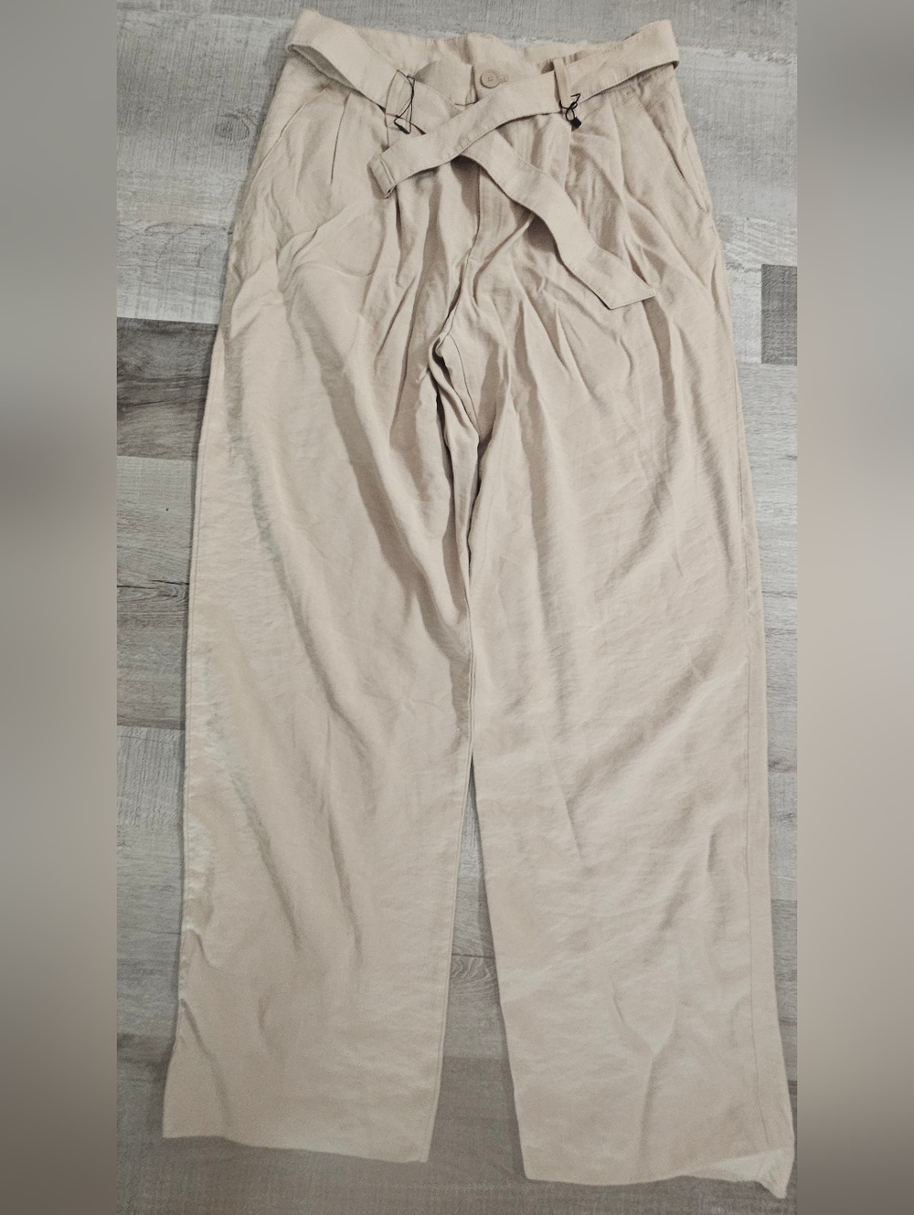 Zara Women's Belted Khaki Wide Leg Pants High Waist Size 30 w 31 In BNWT